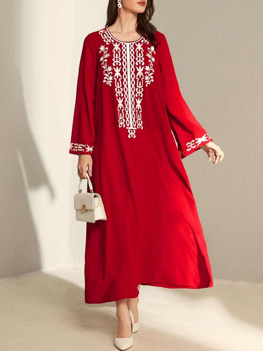 Red Floral Embroidered Long Sleeves Jalabiya