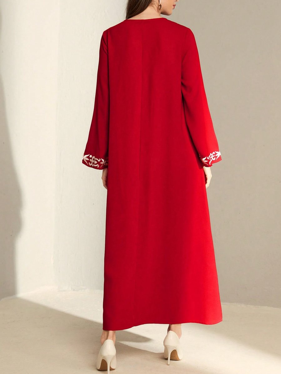 Red Floral Embroidered Long Sleeves Jalabiya