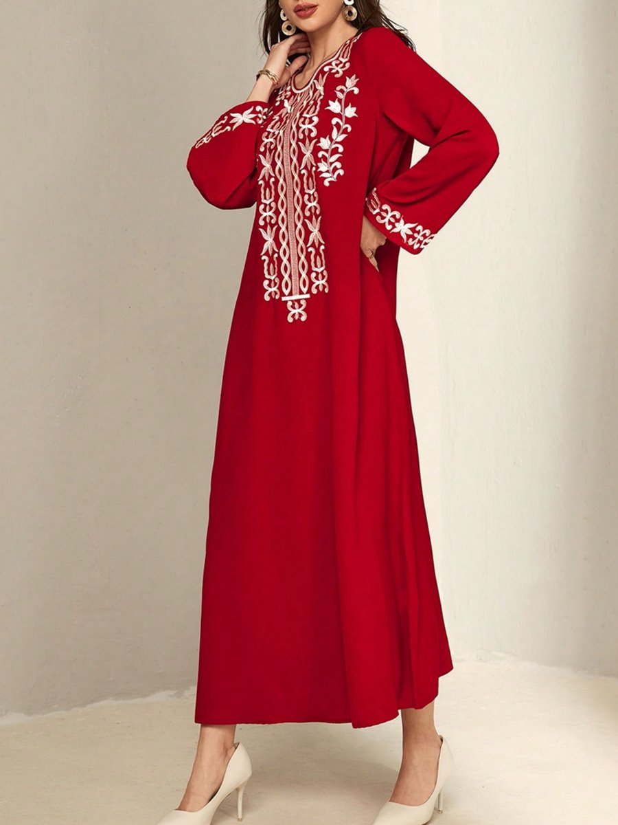 Red Floral Embroidered Long Sleeves Jalabiya