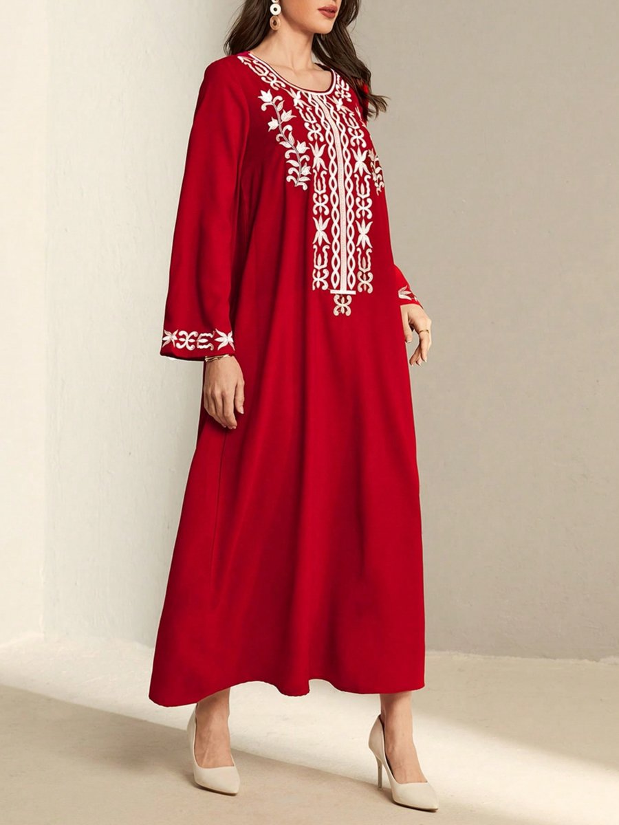Red Floral Embroidered Long Sleeves Jalabiya