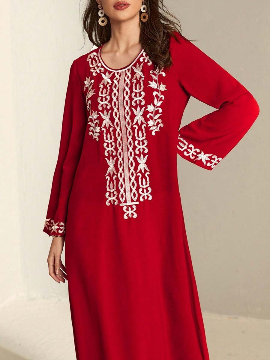 Red Floral Embroidered Long Sleeves Jalabiya