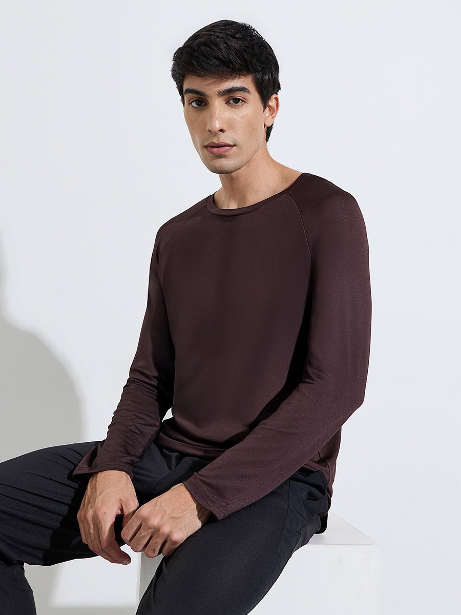 Brown Solid Muscle Fit Long Sleeve Running T-Shirt