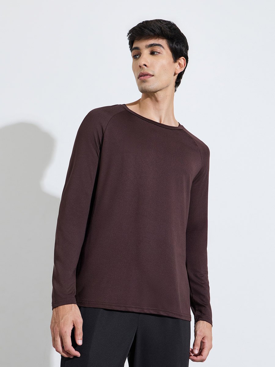 Brown Solid Muscle Fit Long Sleeve Running T-Shirt