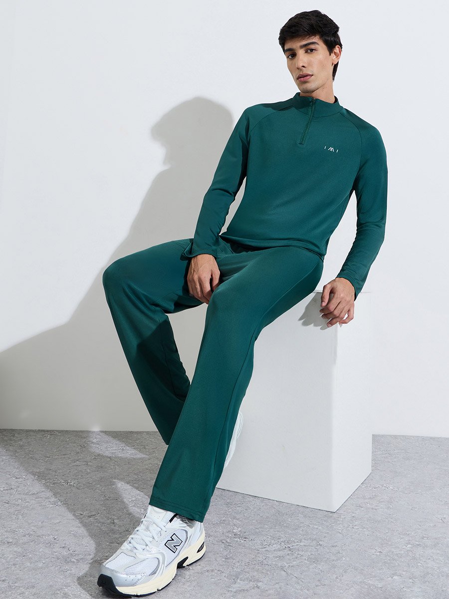 Dark Green Solid Half Zip Long Sleeves Top and Track Pants Active Set