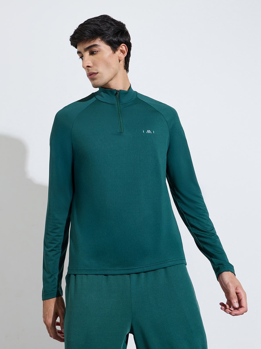 Dark Green Solid Half Zip Long Sleeves Top and Track Pants Active Set