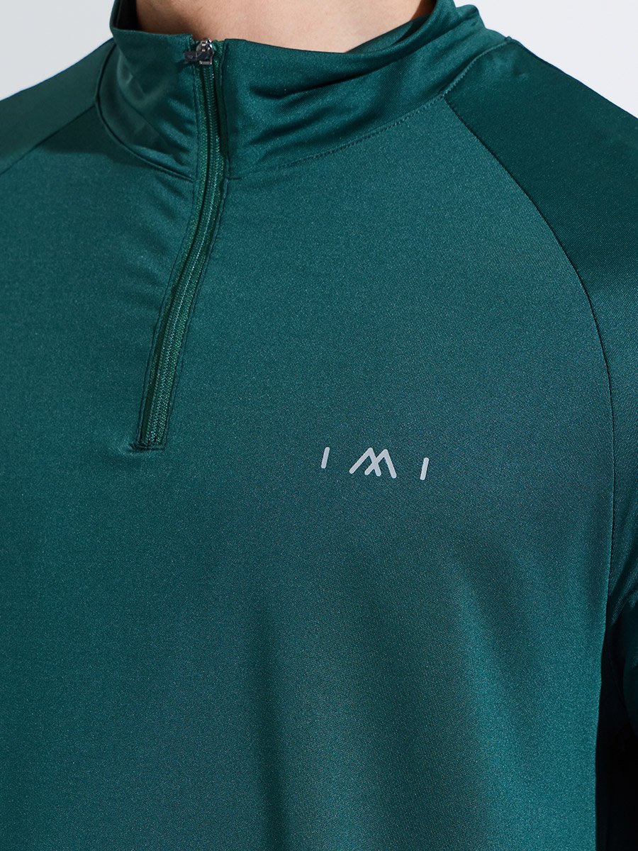 Dark Green Solid Half Zip Long Sleeves Top and Track Pants Active Set