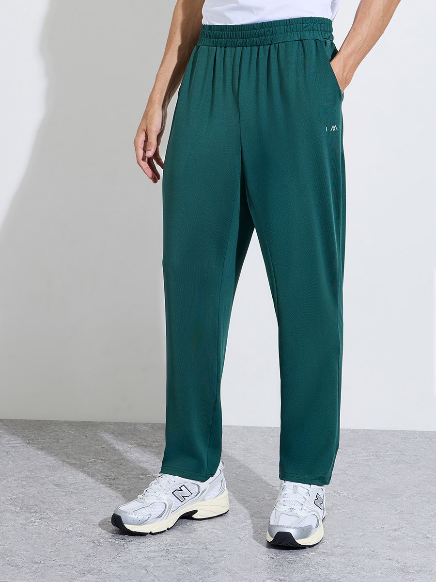 Dark Green Solid Half Zip Long Sleeves Top and Track Pants Active Set