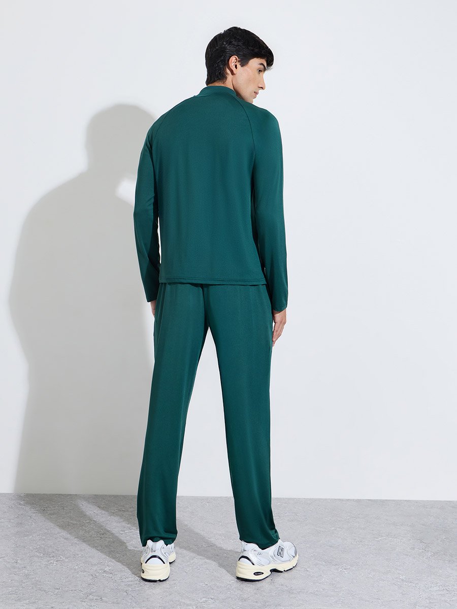 Dark Green Solid Half Zip Long Sleeves Top and Track Pants Active Set