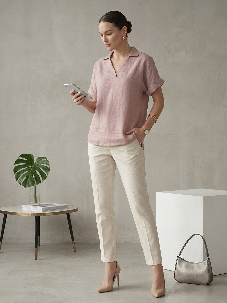 Pink Relaxed Fit Open Collar Top