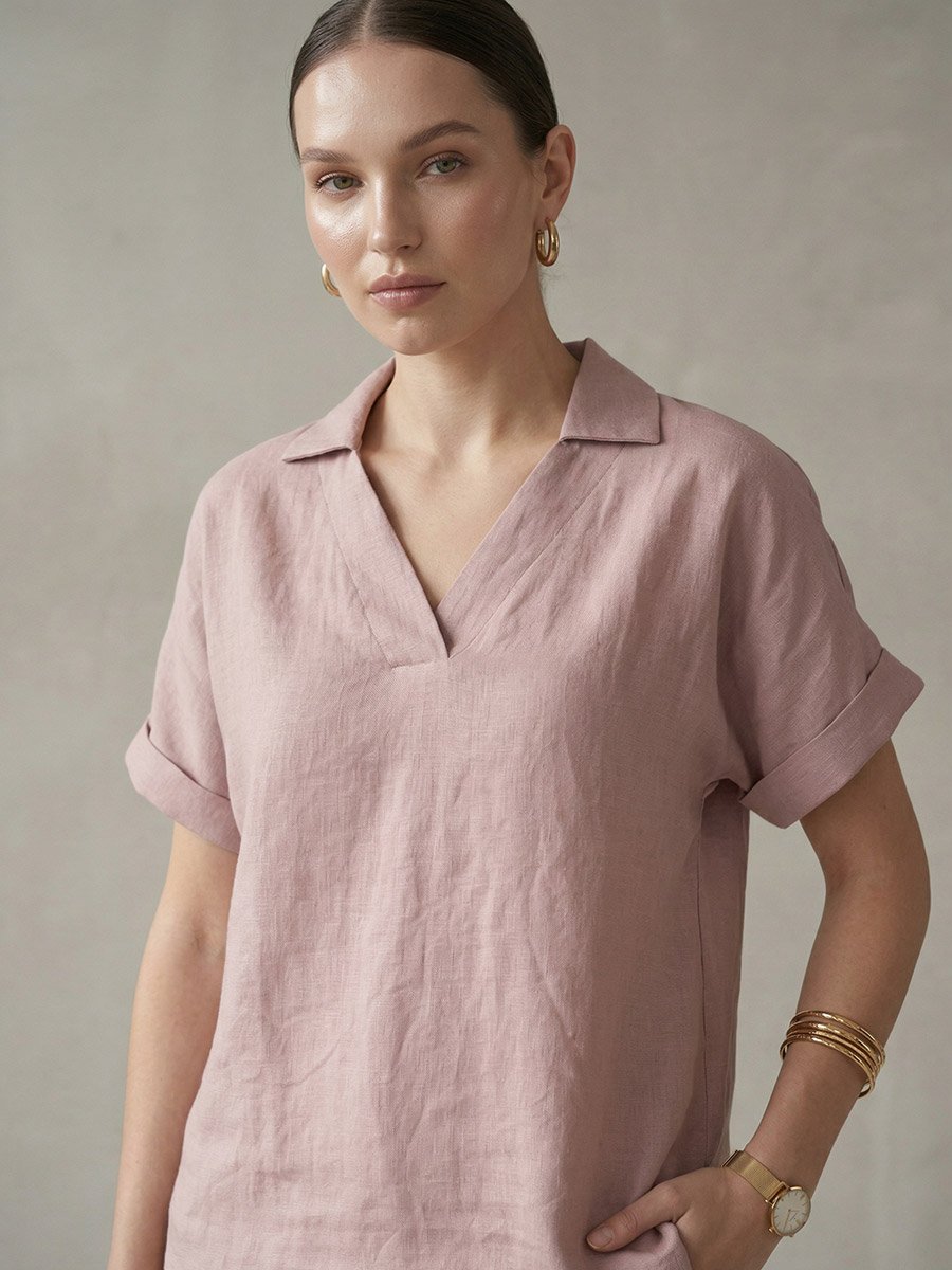 Pink Relaxed Fit Open Collar Top
