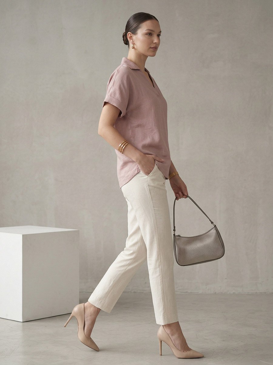 Pink Relaxed Fit Open Collar Top