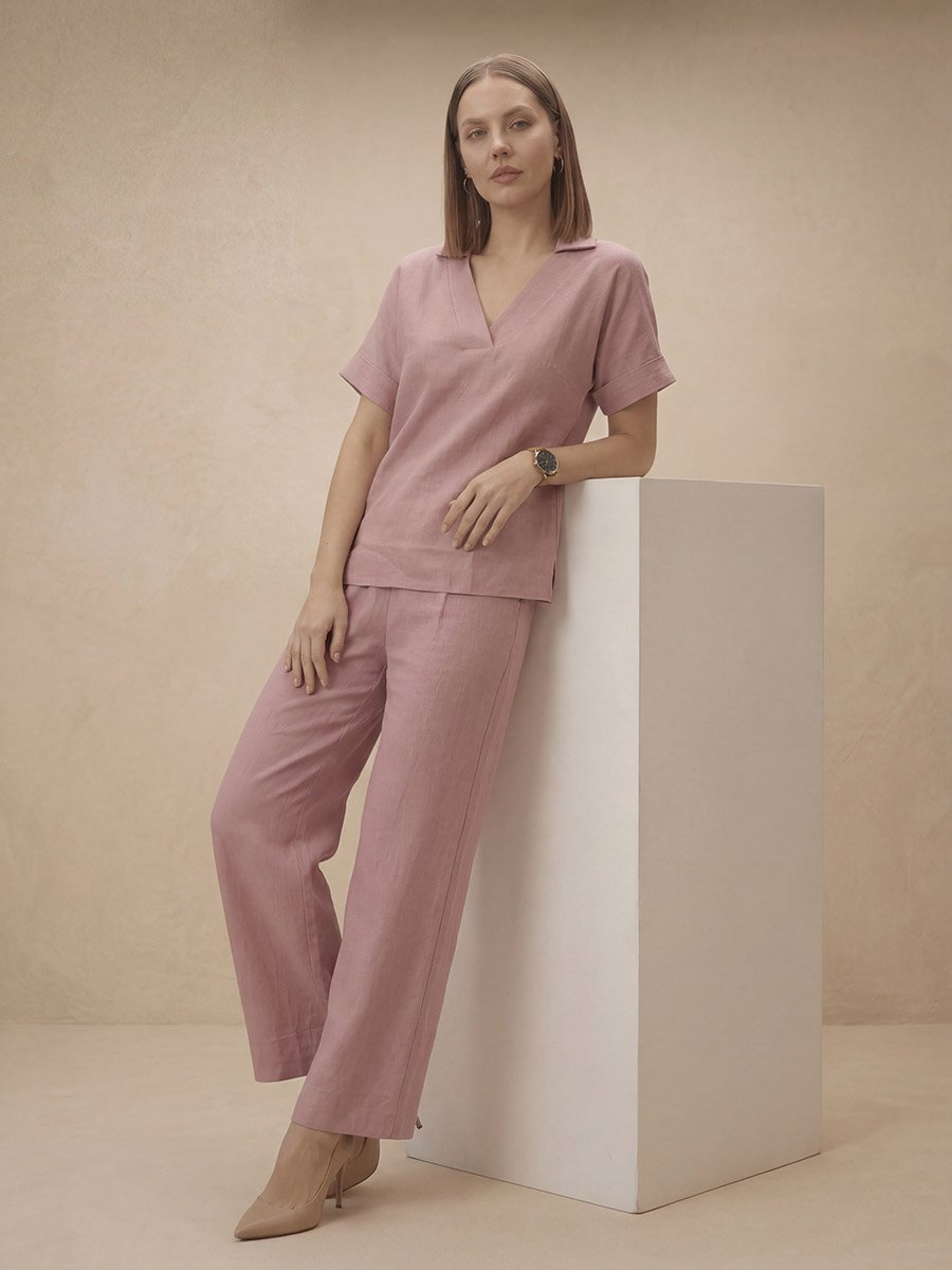 Pink Relaxed Fit Open Collar Top