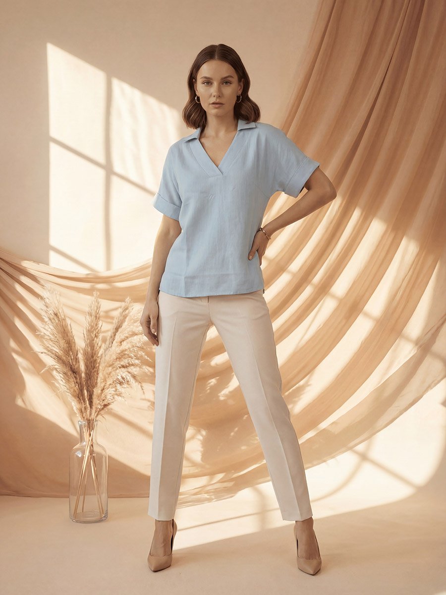 Blue Relaxed Fit Open Collar Top