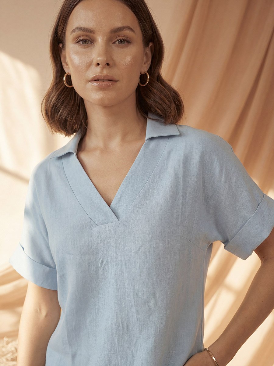 Blue Relaxed Fit Open Collar Top