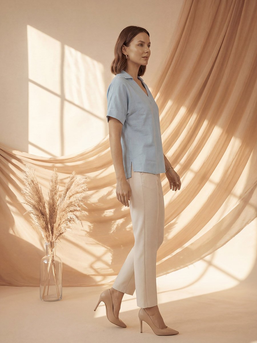 Blue Relaxed Fit Open Collar Top