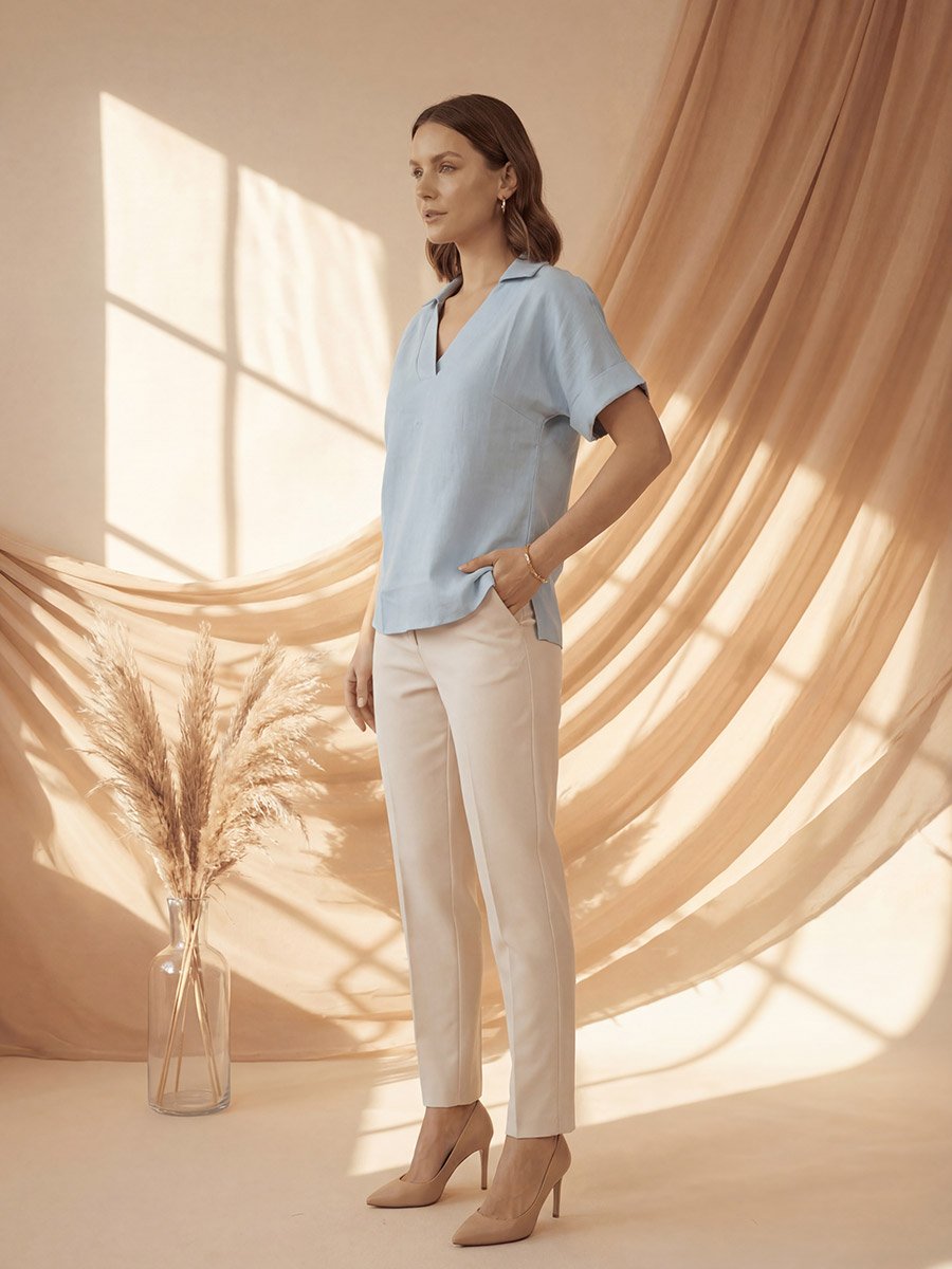 Blue Relaxed Fit Open Collar Top
