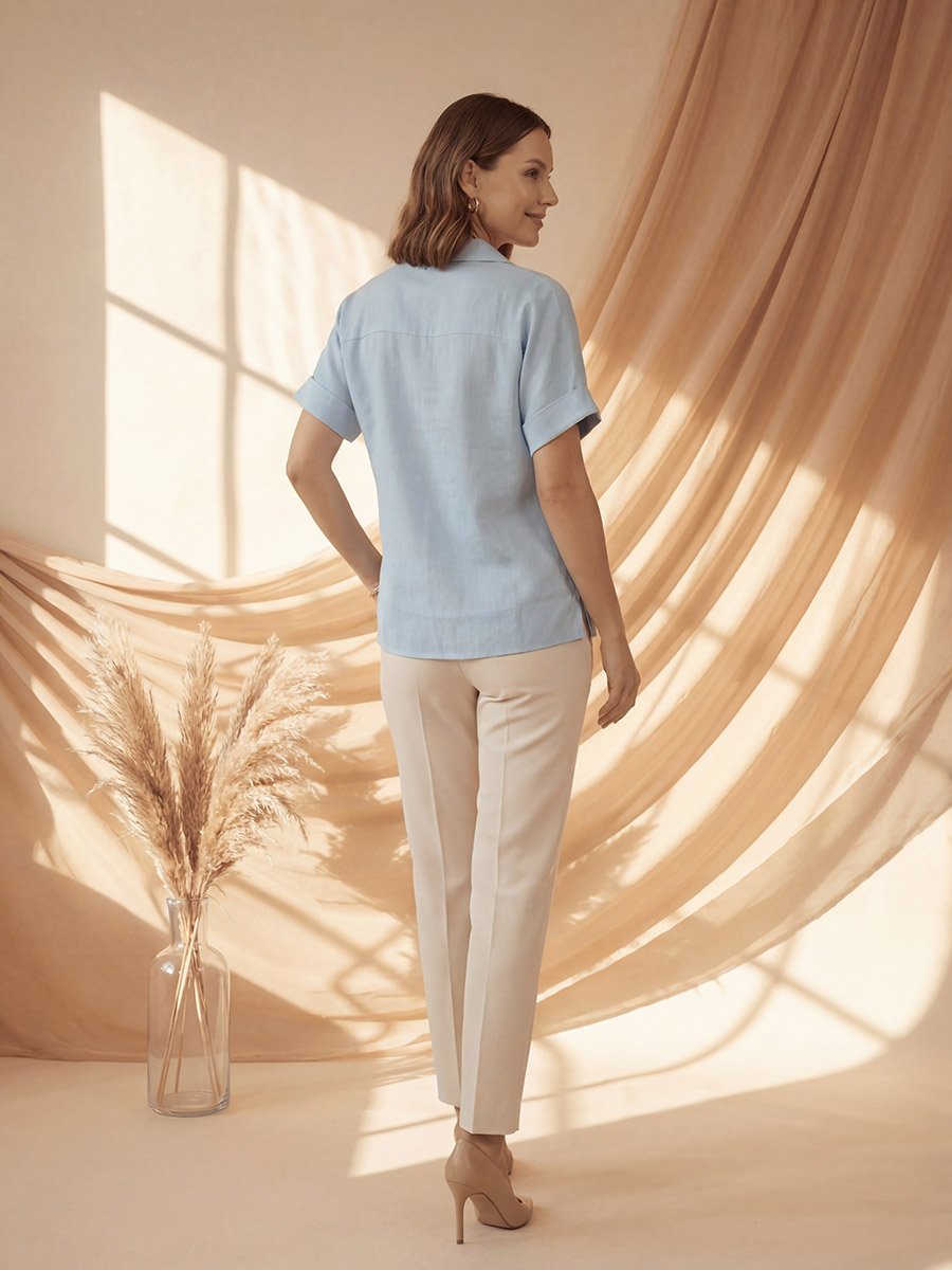 Blue Relaxed Fit Open Collar Top
