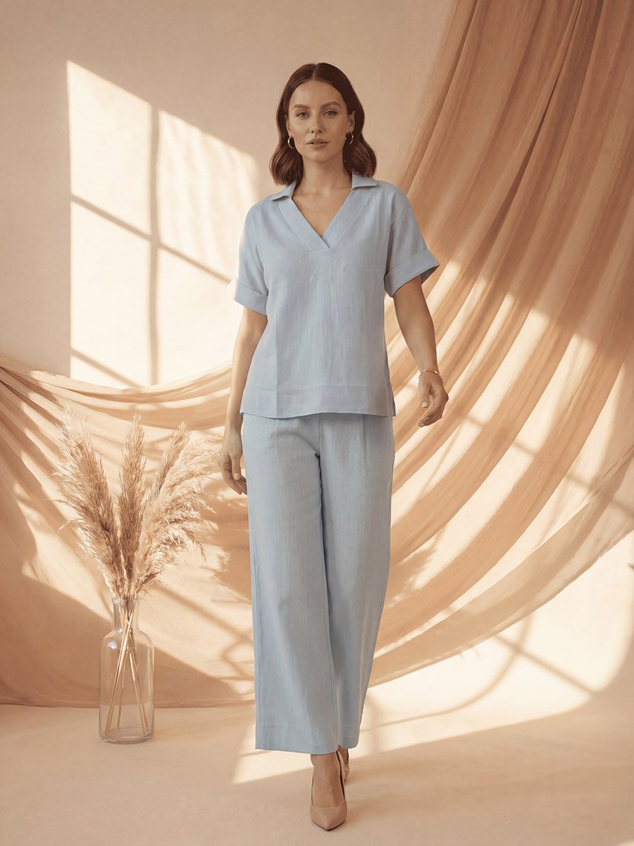 Blue Relaxed Fit Open Collar Top