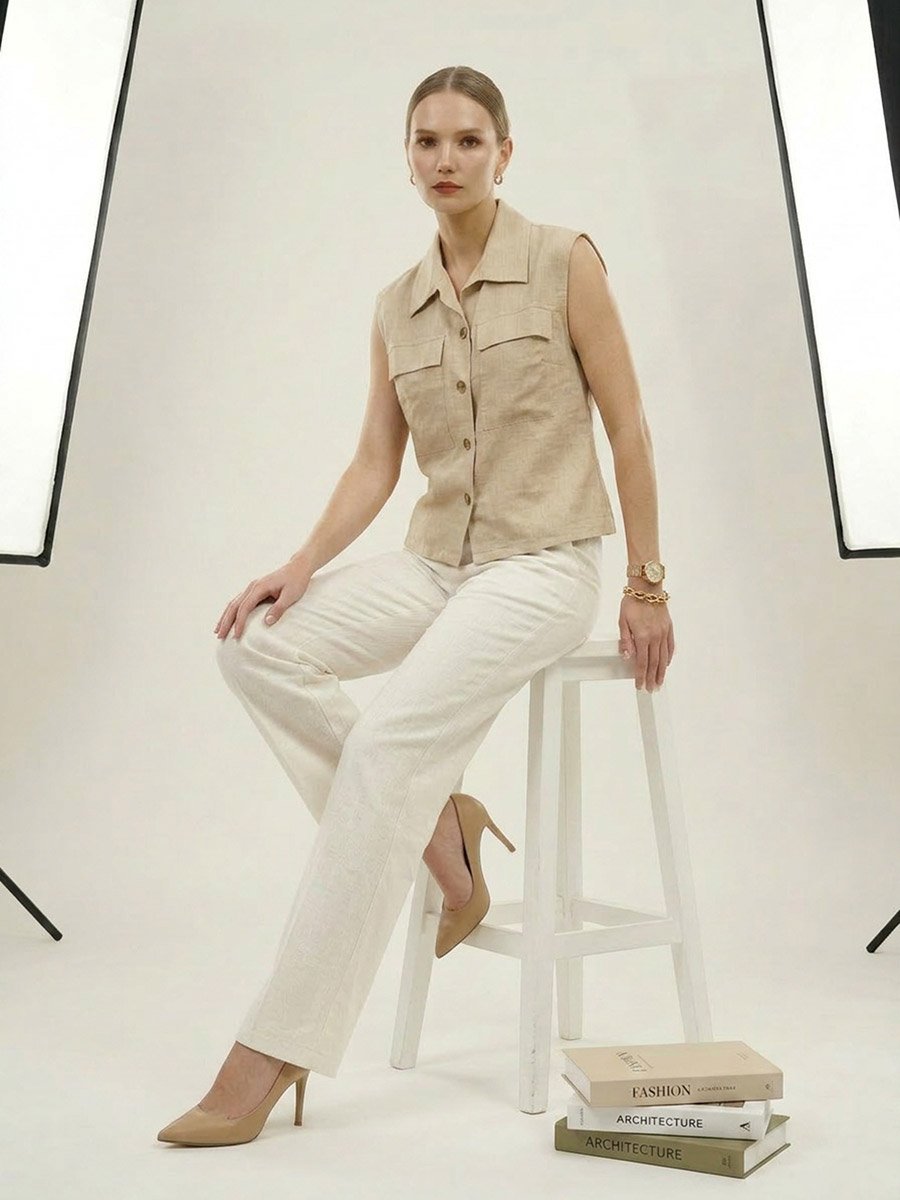 Beige Sleeveless Shirt with Pocket Detail