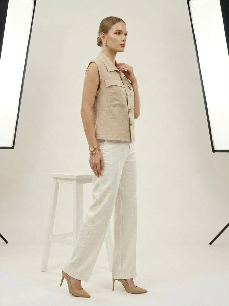 Beige Sleeveless Shirt with Pocket Detail