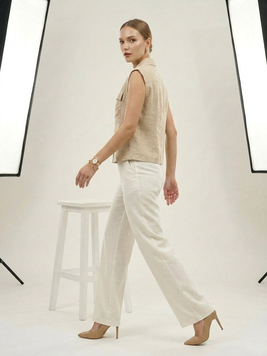 Beige Sleeveless Shirt with Pocket Detail