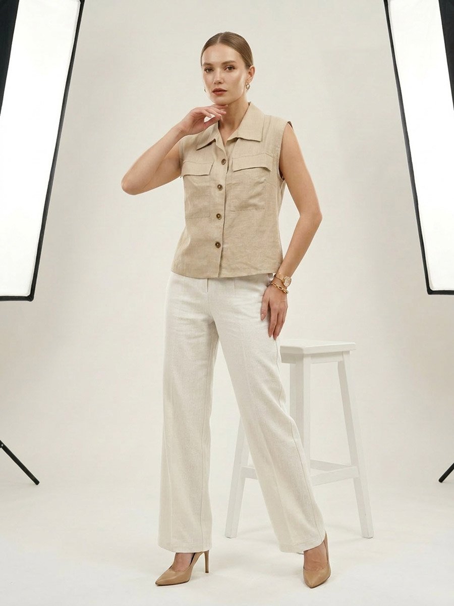 Beige Sleeveless Shirt with Pocket Detail