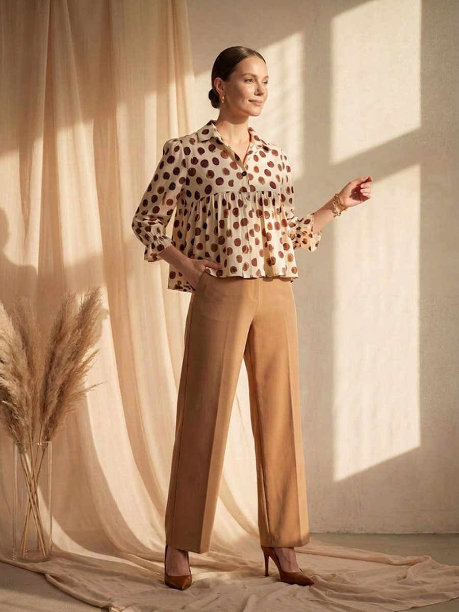 Cream Gathered Yoke Top with Polka Dots