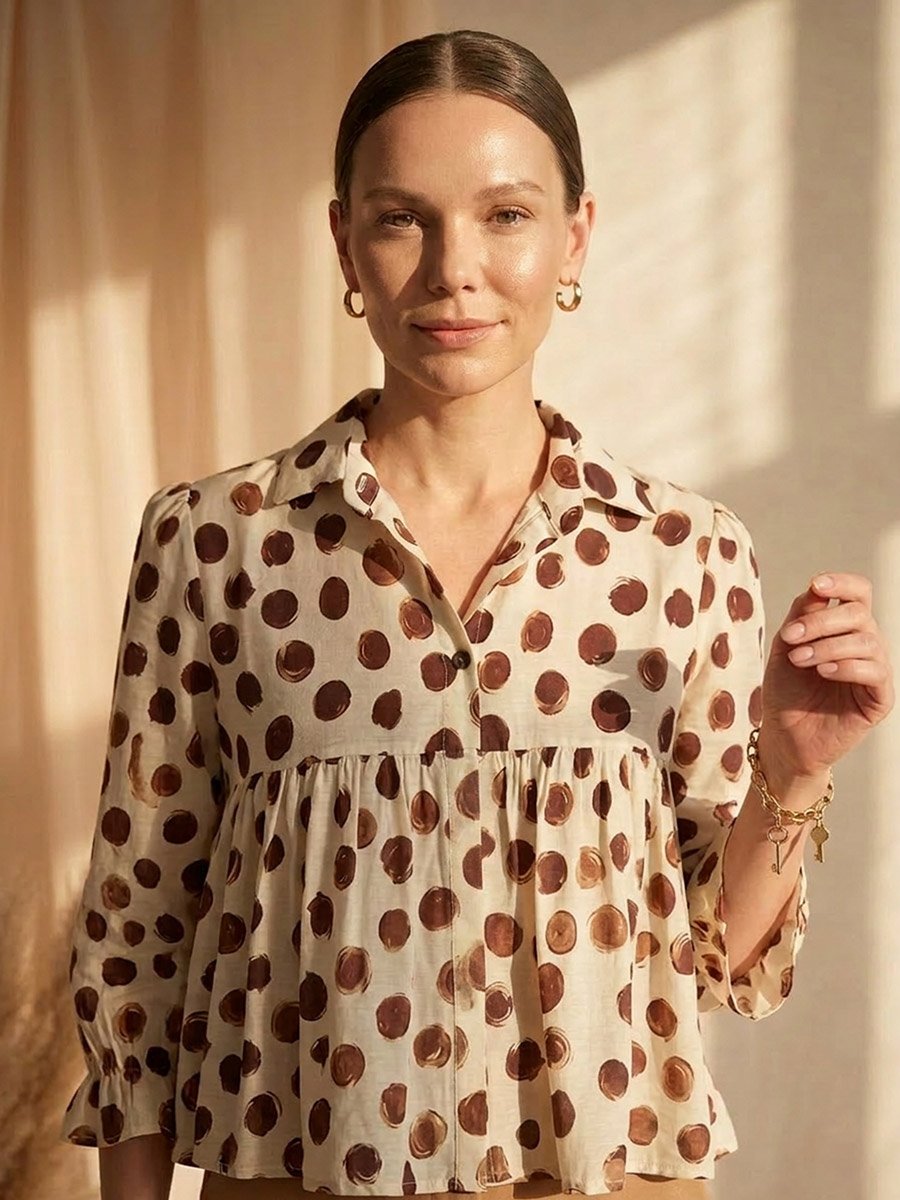 Cream Gathered Yoke Top with Polka Dots