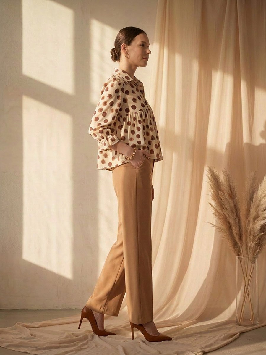 Cream Gathered Yoke Top with Polka Dots