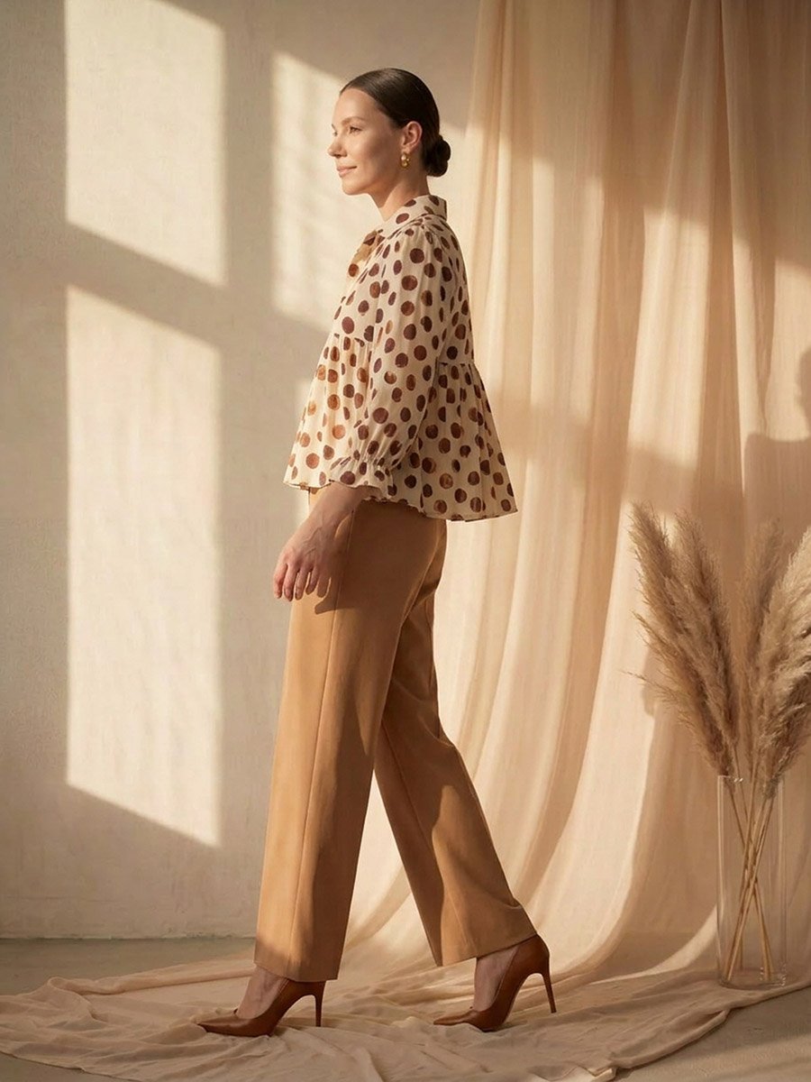 Cream Gathered Yoke Top with Polka Dots