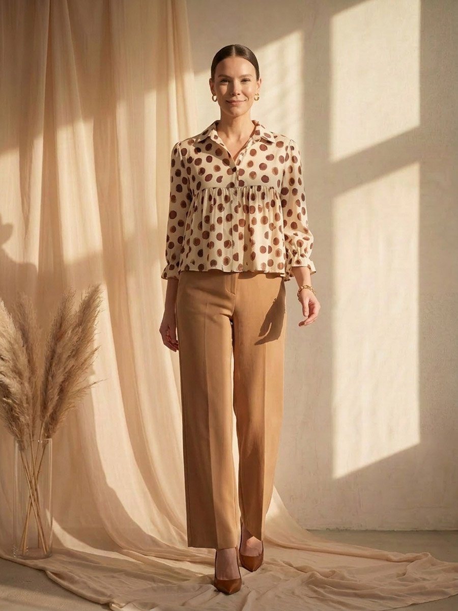 Cream Gathered Yoke Top with Polka Dots