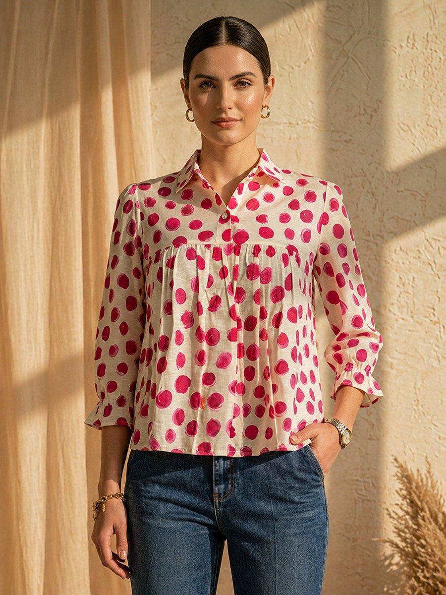 White Gathered Yoke Top with Polka Dots