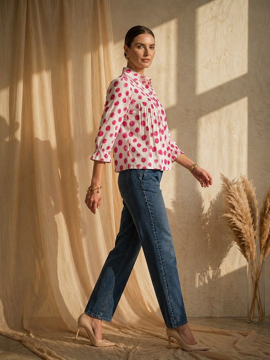 White Gathered Yoke Top with Polka Dots