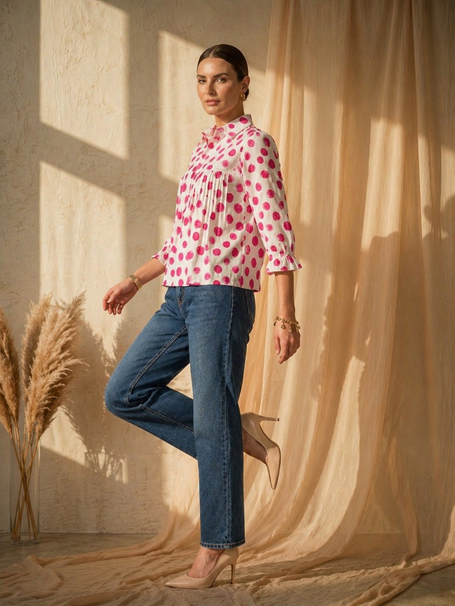 White Gathered Yoke Top with Polka Dots