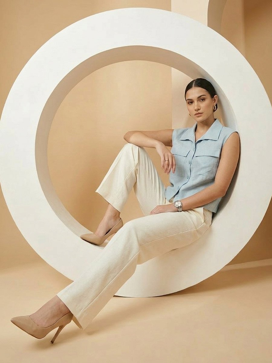 Blue Sleeveless Shirt with Pocket Detail