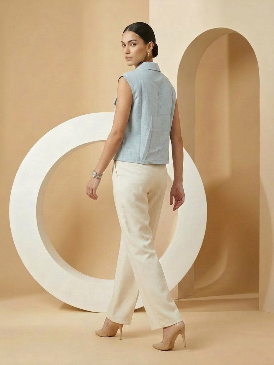 Blue Sleeveless Shirt with Pocket Detail