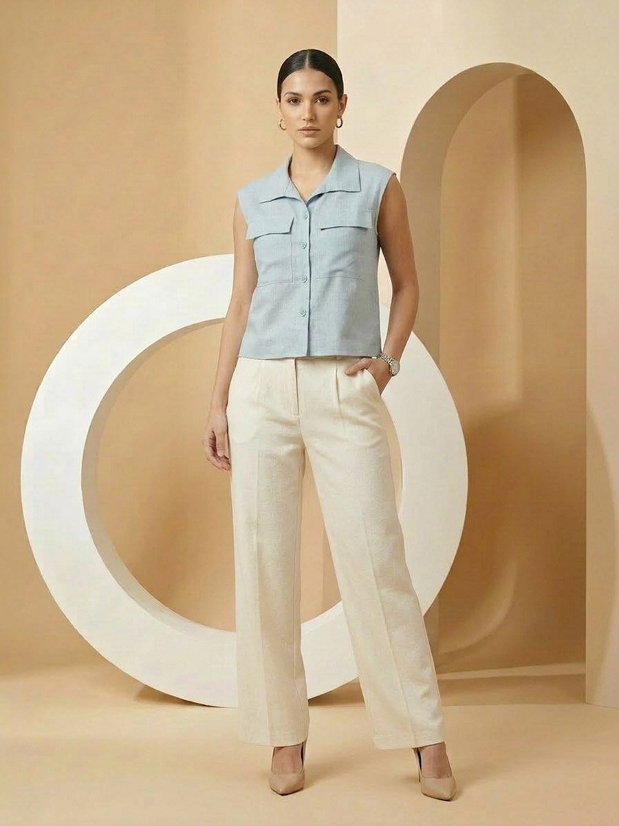 Blue Sleeveless Shirt with Pocket Detail