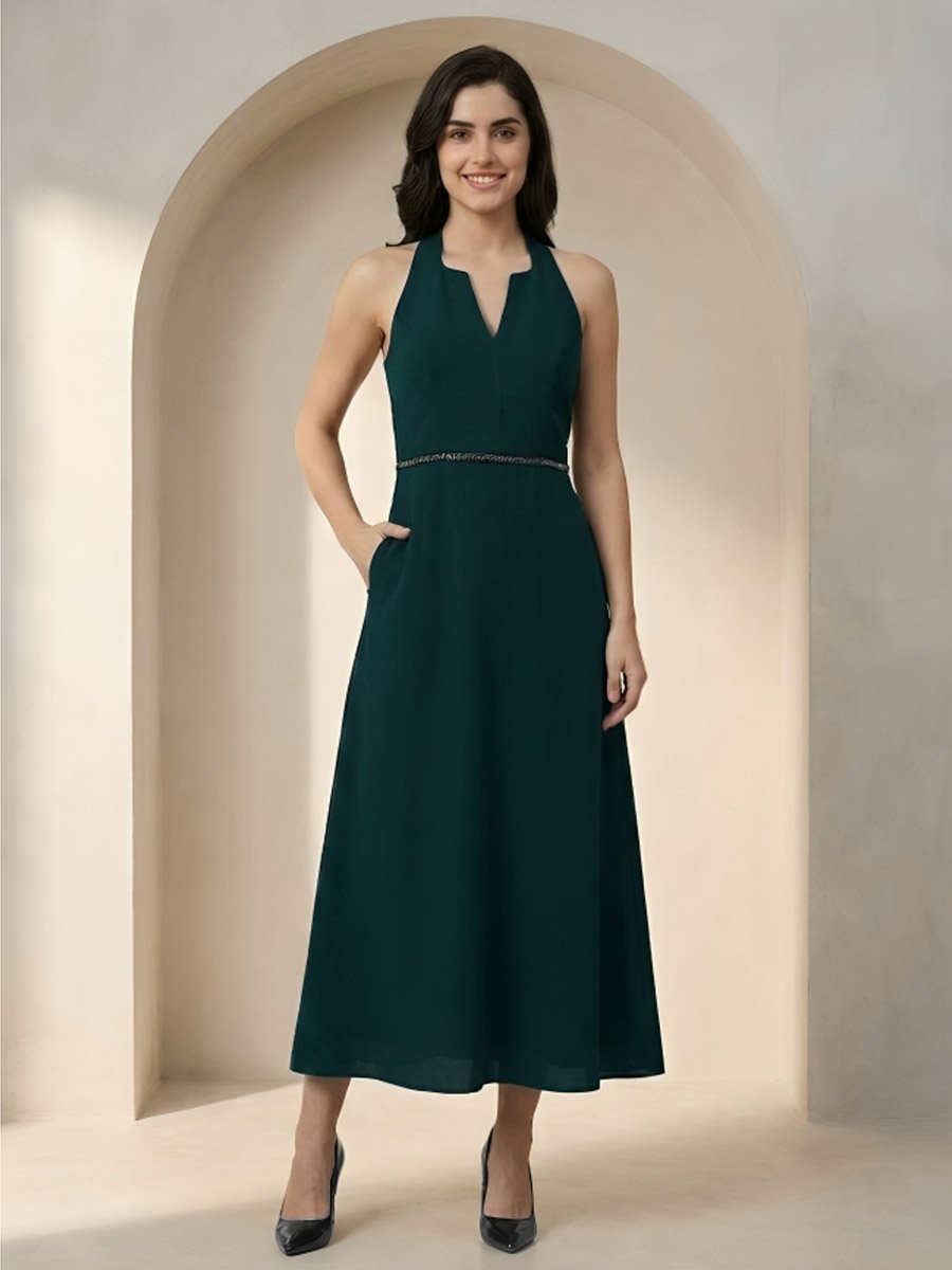 Dark Green Halter Neck Maxi Dress with Beaded Waist