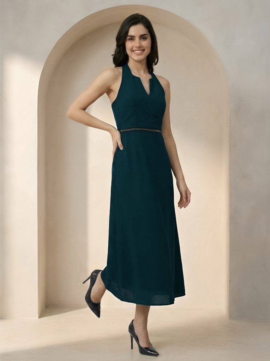 Dark Green Halter Neck Maxi Dress with Beaded Waist
