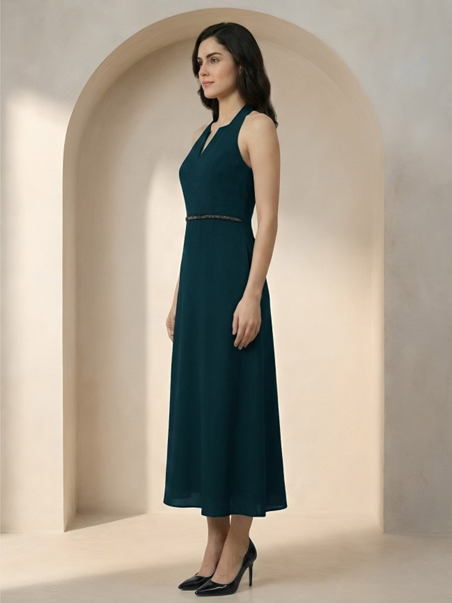 Dark Green Halter Neck Maxi Dress with Beaded Waist