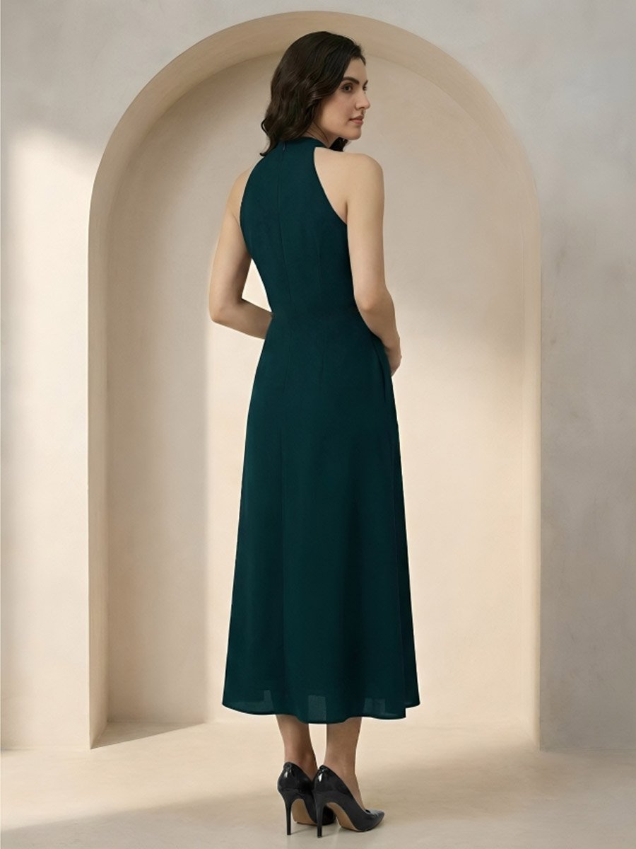 Dark Green Halter Neck Maxi Dress with Beaded Waist