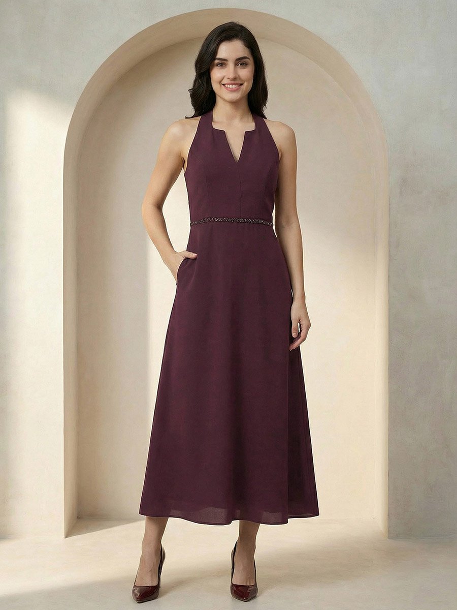 Maroon Halter Neck Maxi Dress with Beaded Waist