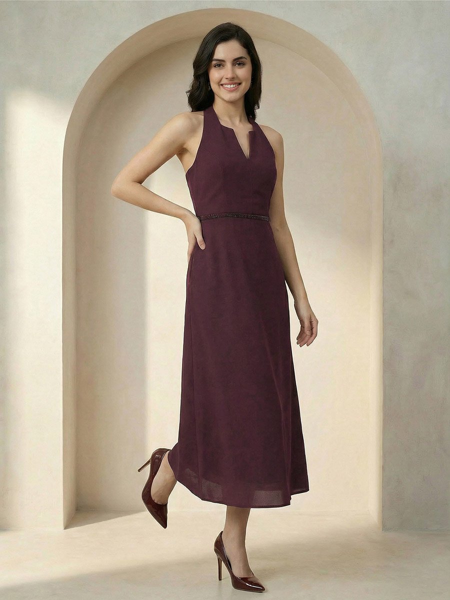 Maroon Halter Neck Maxi Dress with Beaded Waist