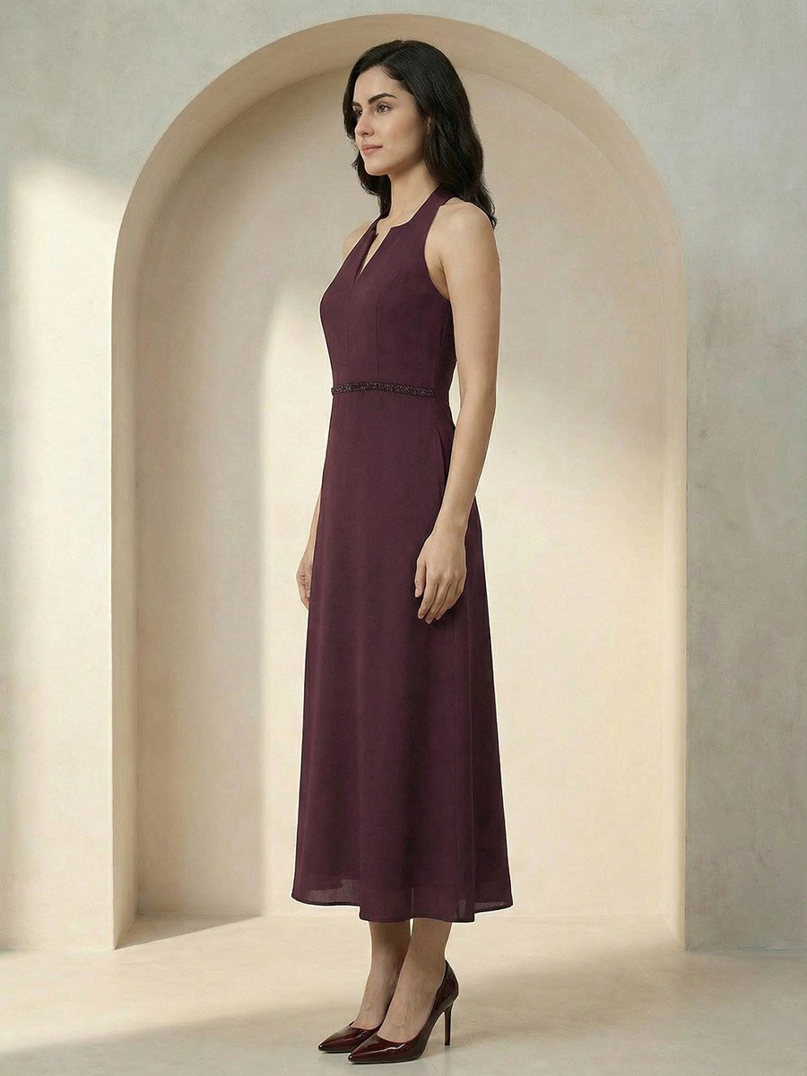 Maroon Halter Neck Maxi Dress with Beaded Waist