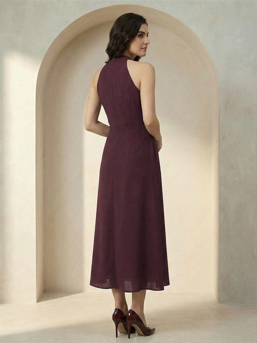 Maroon Halter Neck Maxi Dress with Beaded Waist