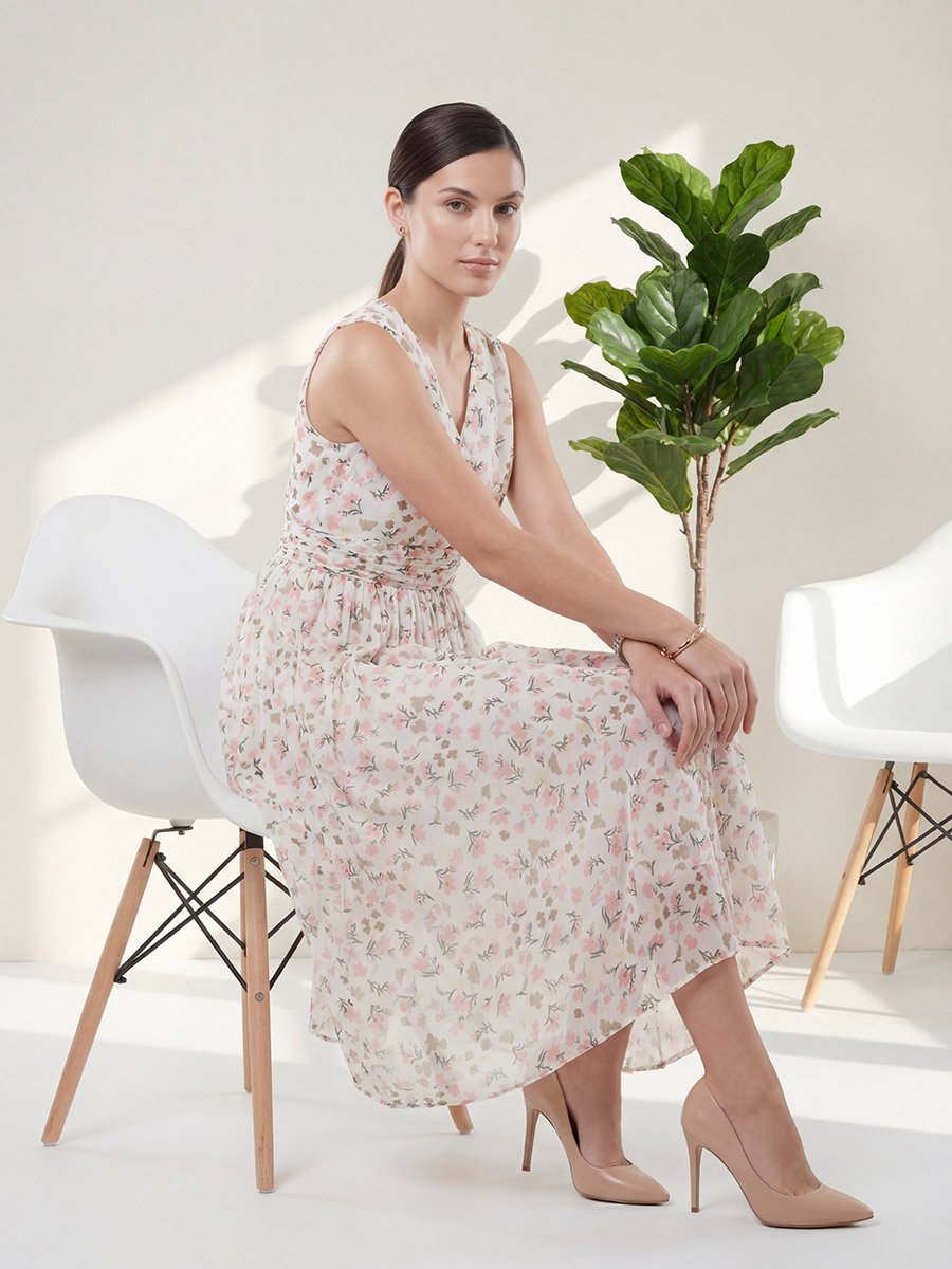 Off White Floral Print A-Line Midi Dress