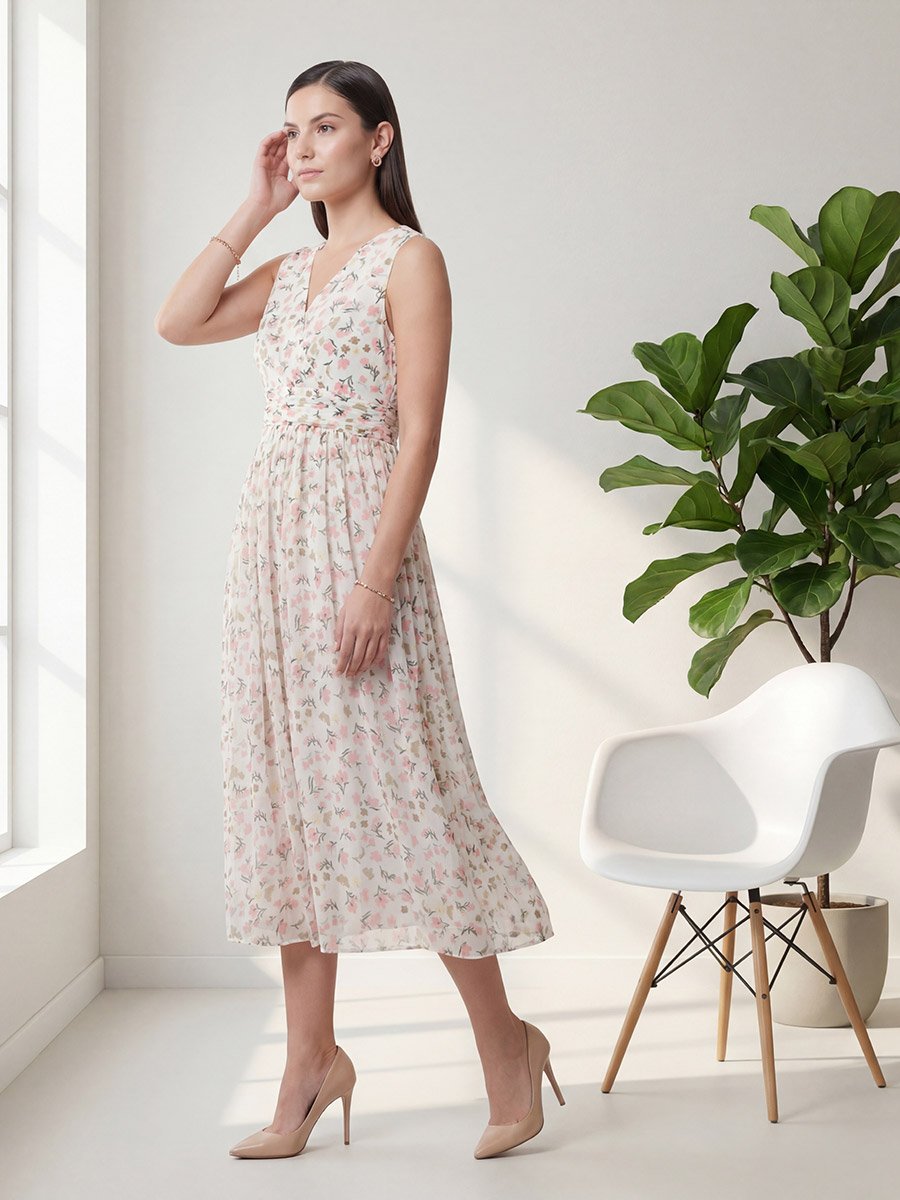 Off White Floral Print A-Line Midi Dress
