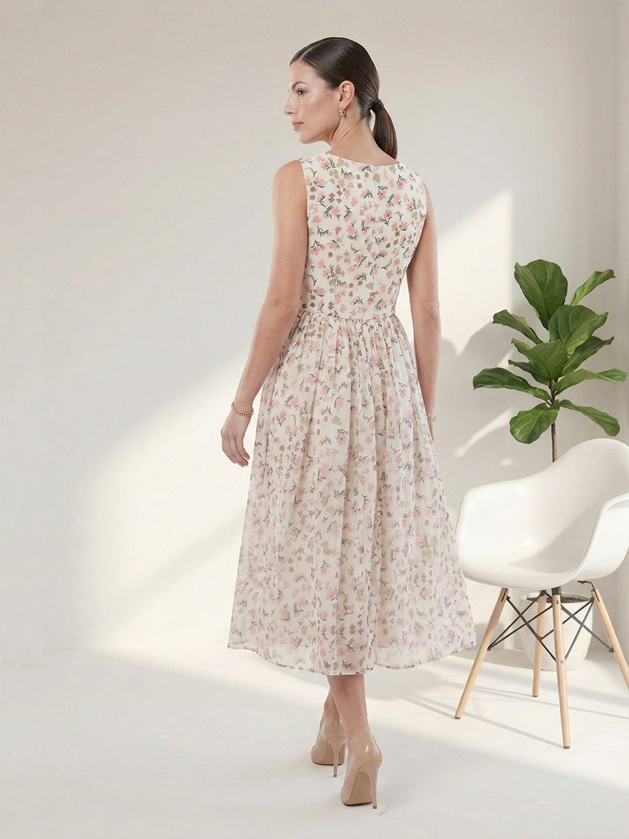 Off White Floral Print A-Line Midi Dress