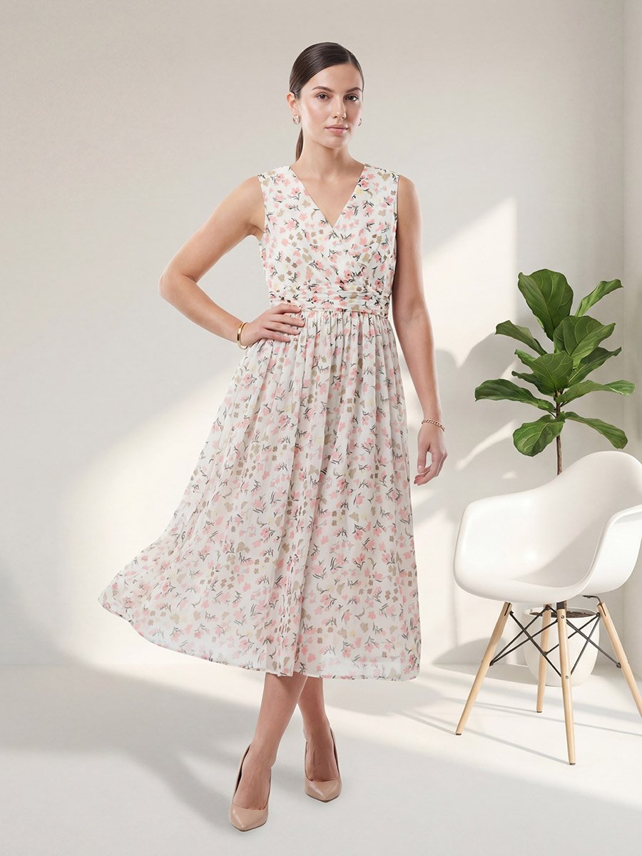 Off White Floral Print A-Line Midi Dress