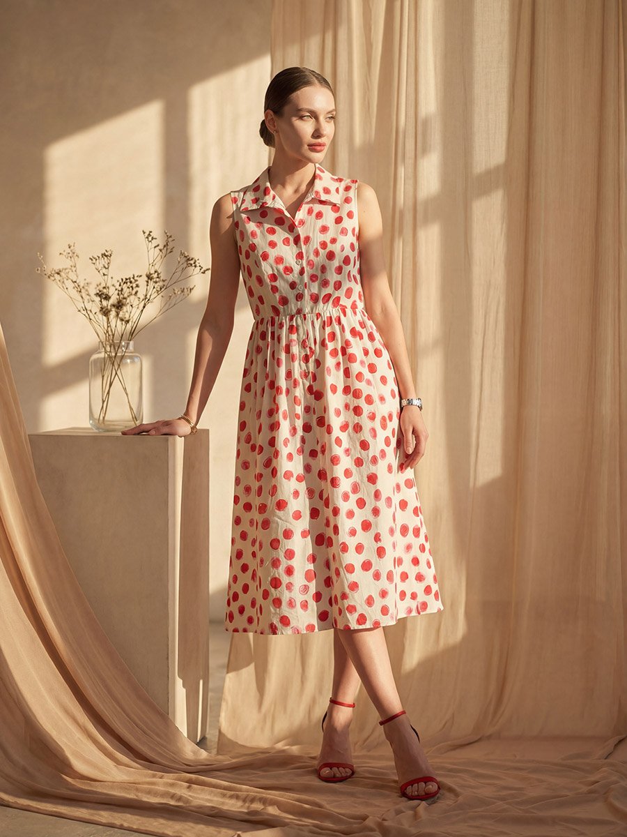 White Sleeveless Polka Dot Midi Dress